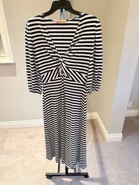 Vilagallo Black & White Striped Twist-Front Maxi Dress